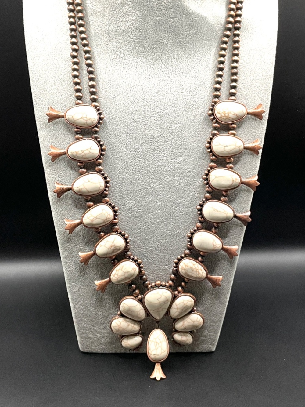 Howlite Stone Copper Beaded Squash Blossom Contemporary Statement Necklace